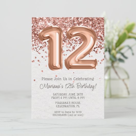 Roze Goud 12e Verjaardagsfeest Uitnodiging (Staand voorkant)