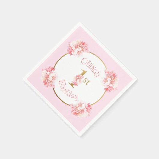 Roze & Goud 1e Verjaardag Meisje Bloemenfeest Servet (Hoek)