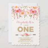 Roze Goud 1e Verjaardag Nodig Floral Dreamcatcher  Kaart (Voorkant)