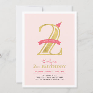 Roze & Goud    2e verjaardagsfeestje voor meisjes Kaart