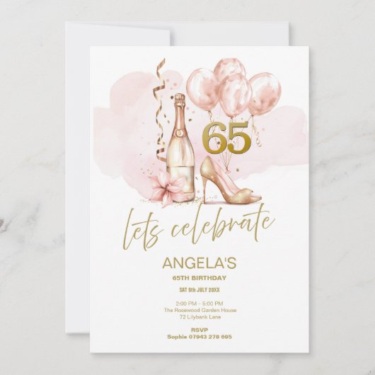 Roze & Goud 65ste verjaardag, Champagne & Heels Kaart (Voorkant)
