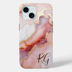 Roze Goud Abstract Marmeren Monogram iPhone 15 Case