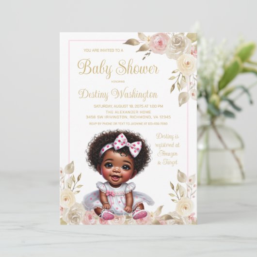 Roze Goud Afro-Amerikaans Meisje Baby shower Kaart (Staand voorkant)