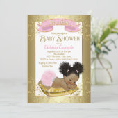 Roze Goud Afro-Amerikaanse Baby Douche Uitnodiging (Staand voorkant)