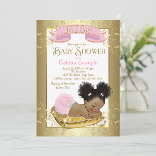 Roze Goud Afro-Amerikaanse Baby Douche Uitnodiging (Staand voorkant)