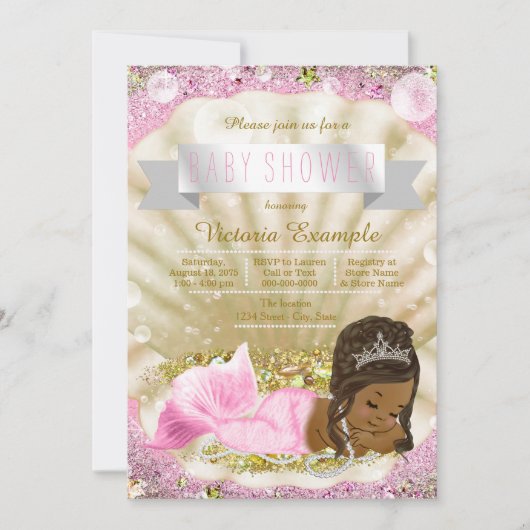 Roze Goud Afro-Amerikaanse Zeemeermin Baby shower Kaart (Voorkant)
