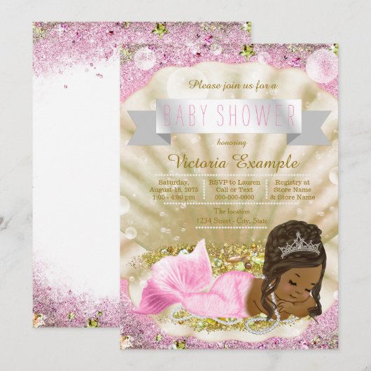 Roze Goud Afro-Amerikaanse Zeemeermin Baby shower Kaart (Voorkant / Achterkant)
