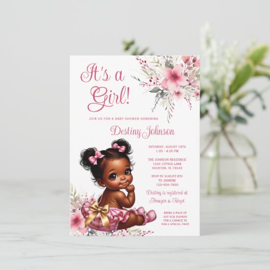 Roze Goud Afro Puff Ruffle Broek Meisje Baby showe Kaart (Staand voorkant)