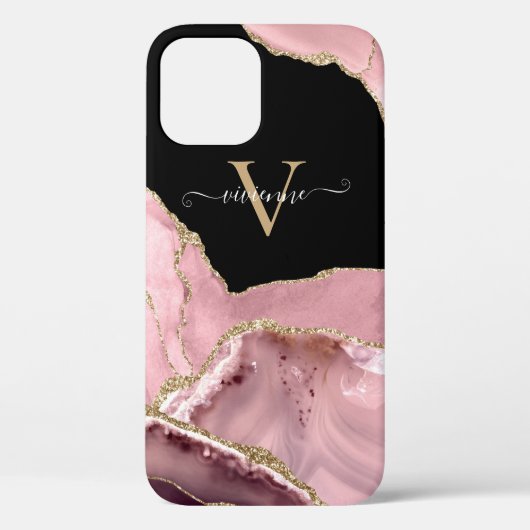 Roze Goud Agaat Glitter Monogram Case-Mate iPhone Case (Achterkant)