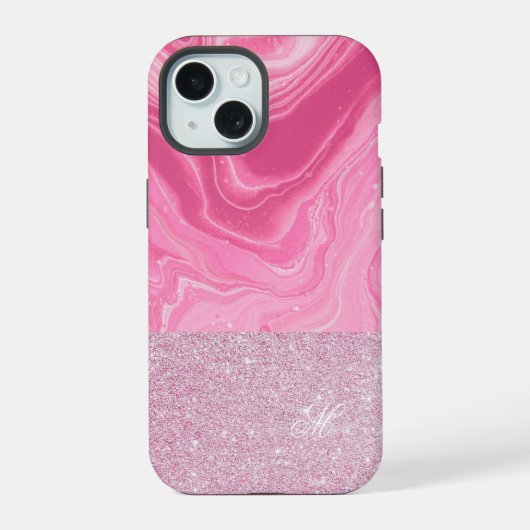 Roze Goud Agaat Glitter Monogram iPhone 15 Case (Achterkant)