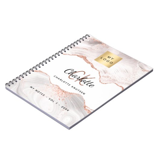 Roze goud agaat logo monogram elegant zakelijk  notitieboek (Linkerzijde)