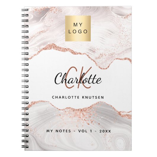 Roze goud agaat logo monogram elegant zakelijk  notitieboek (Voorkant)