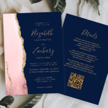 Roze Goud Agate Marineblauwe QR Code Trouw