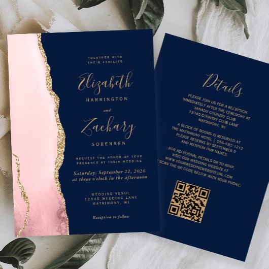 Roze Goud Agate Marineblauwe QR Code Trouw Kaart