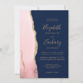 Roze Goud Agate Marineblauwe QR Code Trouw Kaart (Voorkant)