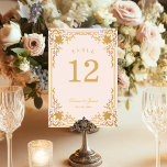 Roze Goud Antiek  Elegant Bruiloft Kaart<br><div class="desc">Deze blush roze en gouden sierlijke trouwtafel nummer, met een lucht, heeft een gouden lijst met barokke faux gouden decoraties op een blush roze achtergrond. De namen zijn geschreven in een elegant kalligrafisch schrift. Alle tekst kan worden gepersonaliseerd en heeft een gouden kleur die lijkt op de faux gold decorations...</div>