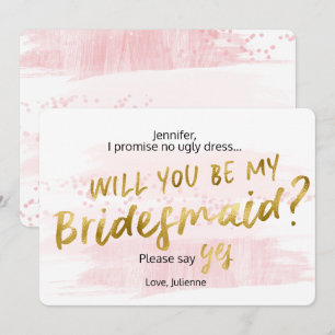 Roze & Goud Aquarel Wil je mijn bruidsmeisje zijn Kaart