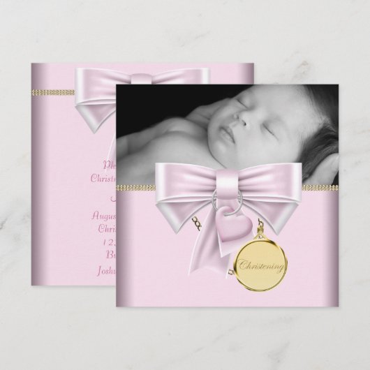 Roze Goud Baby Meisje Foto Doop Kaart (Voorkant / Achterkant)
