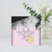 Roze Goud Baby Meisje Foto Doop Kaart (Staand voorkant)