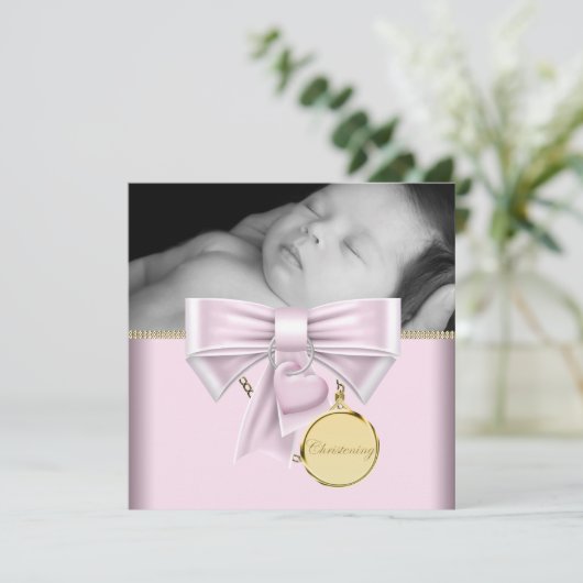 Roze Goud Baby Meisje Foto Doop Kaart (Staand voorkant)