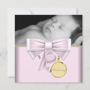 Roze Goud Baby Meisje Foto Doop Kaart