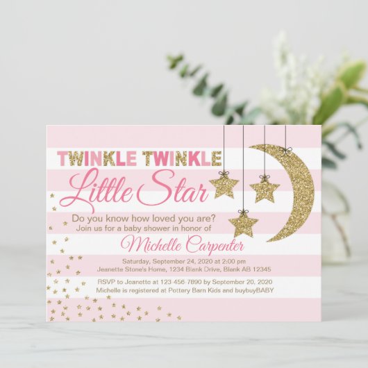 Roze Goud baby shower uitnodiging meisje kleine st (Staand voorkant)