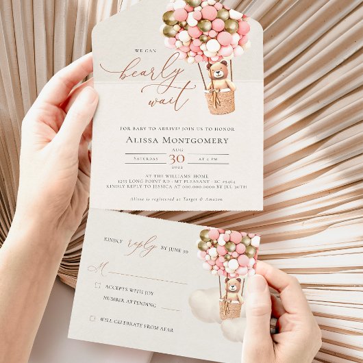 Roze Goud Beer Ballonnen Baby shower Meisje All In One Uitnodiging