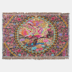 Roze Goud Blauw Perzische Bloemen Pauw Art Deken