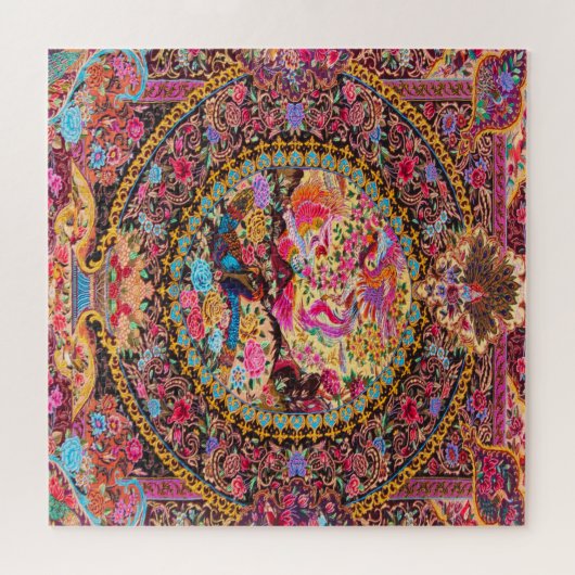 Roze Goud Blauw Perzische Bloemen Pauw Art Legpuzzel (Horizontaal)