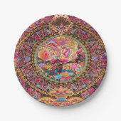 Roze Goud Blauw Perzische Bloemen Pauw Art Papieren Bordje (Voorkant)