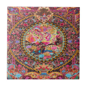 Roze Goud Blauw Perzische Bloemen Pauw Art Tegeltje