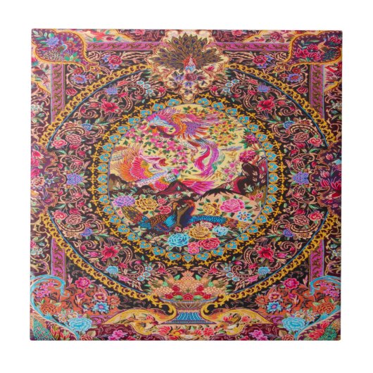 Roze Goud Blauw Perzische Bloemen Pauw Art Tegeltje (Voorkant)