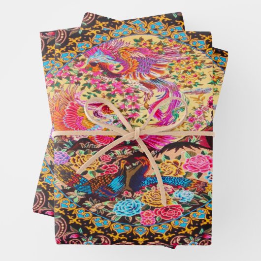 Roze Goud Blauw Perzische Bloemen Pauw Decoupage Inpakpapier Vel (In situ)