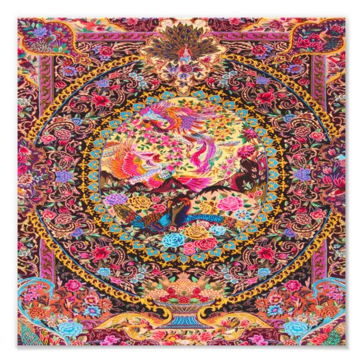 Roze Goud Blauw Perzische Bloemen Pauw Foto Afdruk (Voorkant)