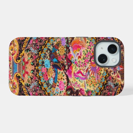 Roze Goud Blauw Perzische Bloemen Pauw iPhone 15 Case (Achterkant horizontaal)