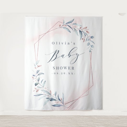 Roze Goud Blauwe Begroeiing Baby Shower Foto Achte Wandkleed (Voorkant)