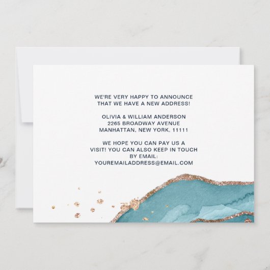 Roze Goud Blauwe Waterverf Agaat Nieuw Adres Verhu Aankondiging (Achterkant)