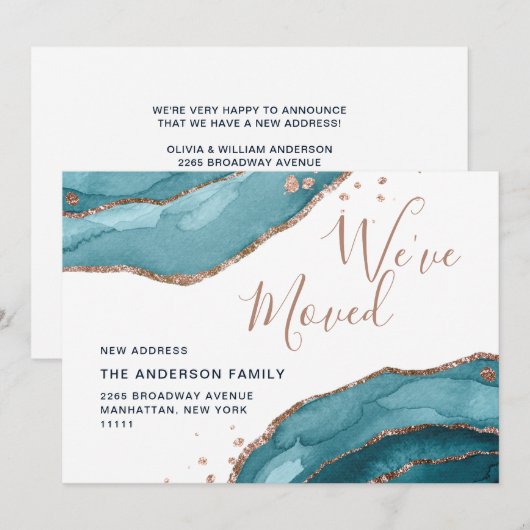 Roze Goud Blauwe Waterverf Agaat Nieuw Adres Verhu Aankondiging (Voorkant / Achterkant)