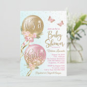 Roze Goud Blauwgroen Ballonnen Vlinders Baby showe Kaart (Staand voorkant)