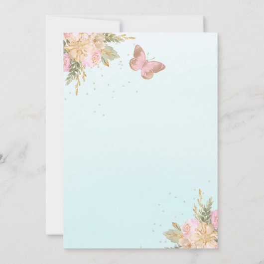 Roze Goud Blauwgroen Ballonnen Vlinders Baby showe Kaart (Achterkant)