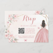 Roze Goud Bloem Meisje Charra XV Jaar QR RSVP Kaartje (Voorkant / Achterkant)