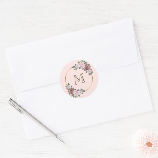 Roze Goud Bloem Monogram Initiaal Ronde Sticker (Envelop)