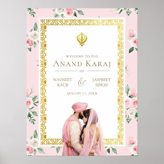 Roze Goud Bloemen Anand Karaj Bruiloft Welkomstbor Poster (Voorkant)