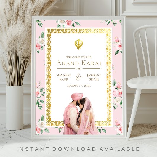 Roze Goud Bloemen Anand Karaj Bruiloft Welkomstbor Poster