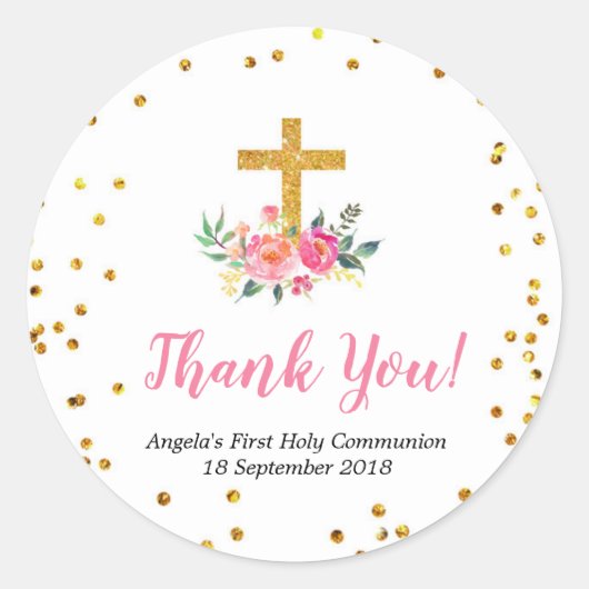 Roze Goud Bloemen Doop Dank u Sticker (Voorkant)