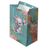 Roze Goud Bloemen Dragon Vlinder Meisje Baby showe Medium Cadeauzakje (Voorkant Gekanteld)