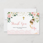 Roze Goud Bloemen Eerste Communie Dank u kaart (Voorkant)