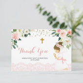 Roze Goud Bloemen Eerste Communie Dank u kaart (Staand voorkant)