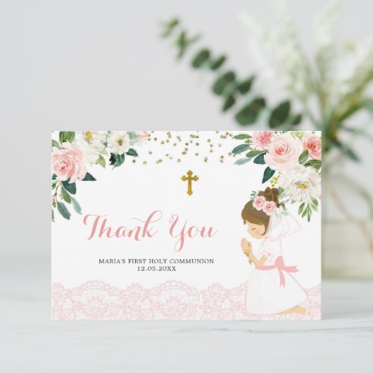 Roze Goud Bloemen Eerste Communie Dank u kaart (Staand voorkant)