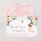 Roze Goud Bloemen Eerste Communie Dank u kaart (Voorkant / Achterkant)